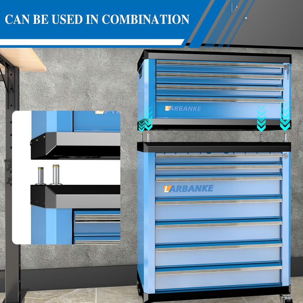 LARBANKE 4-Drawer Tool Box, Portable Tool Cabinet with Key Secure Lock, Multifunctional Countertop, Drawer Liners & Connecting Rods for Stacking with Same-Series 5/7-Drawer Chests,Blue