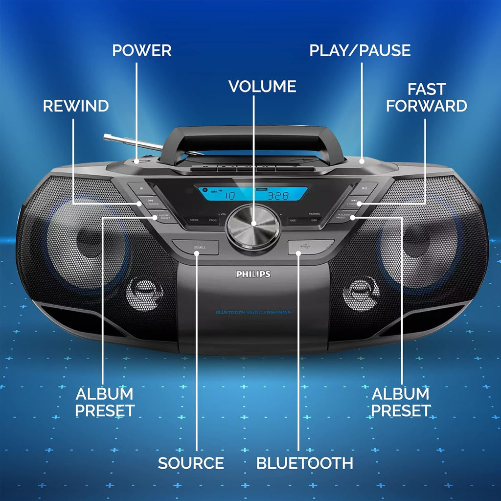 Philips Portable CD Player Boombox Bluetooth with Cassette Player All in one Powerful Stereo Boom Box CD Player for Home Mega Bass Reflex Speakers  Radio/USB/MP3/AUX Input with Backlight LCD Display