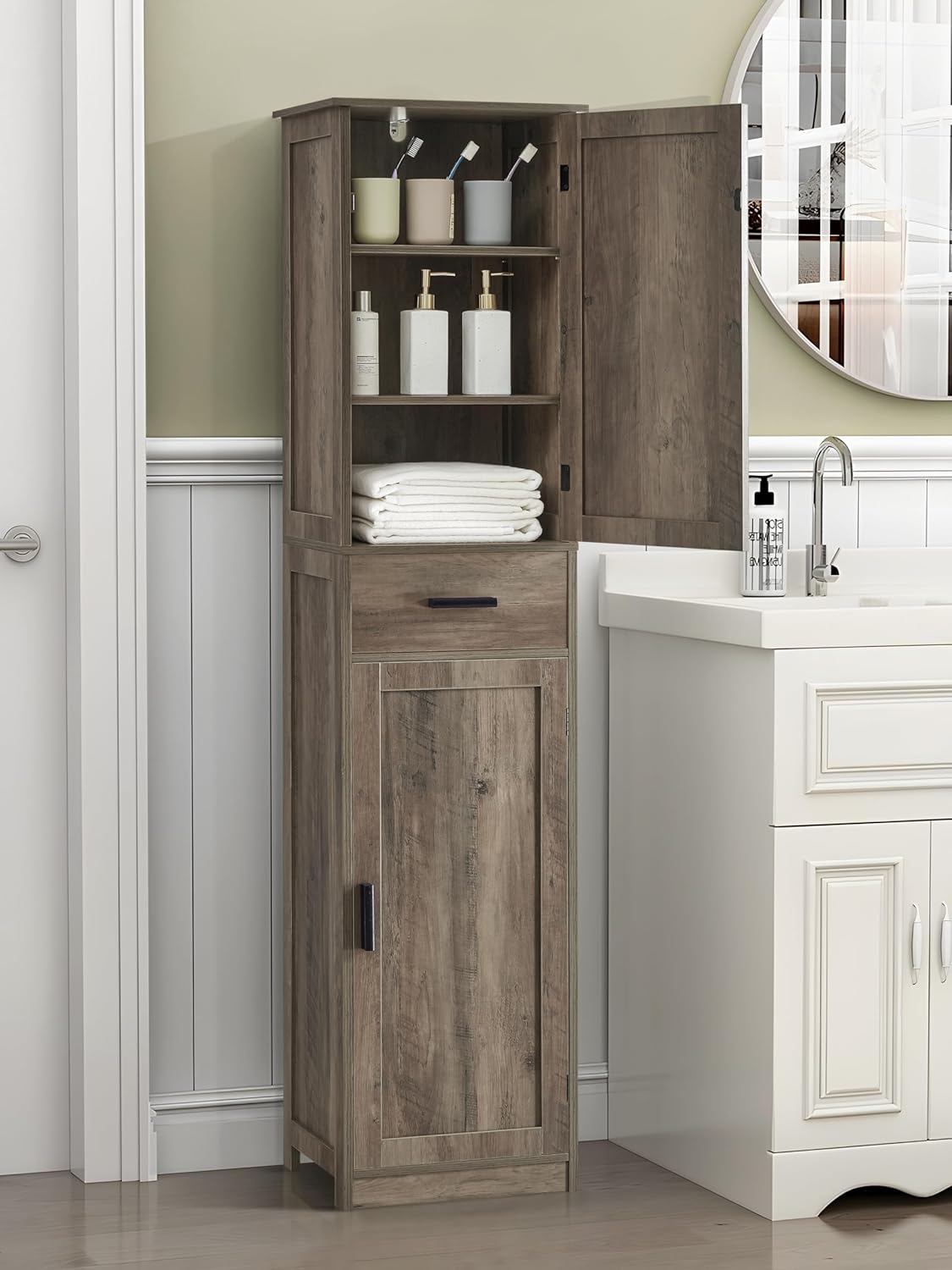usikey 67'' Tall Storage Cabinet, Narrow Bathroom Floor Storage Cabinet with 4 Shelves & 2 Doors, for Bathroom, Living Room, Rustic Gray UNSNG040M