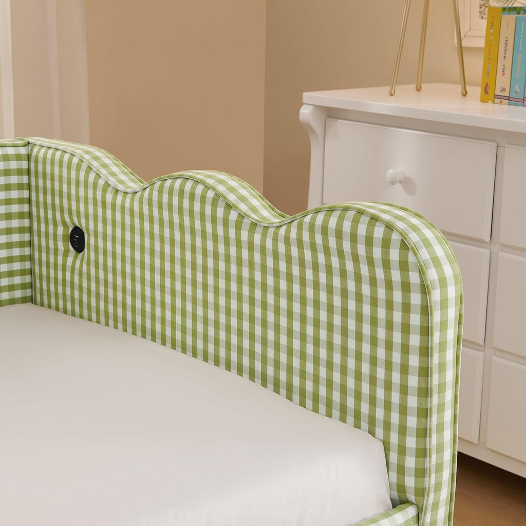 KEIKI Twin Size Upholstery Daybed with Trundle and USB, Twin to King Design Adorable Wave Shaped Extendable Linen Sofa Bed, Easy Assembly, No Box Spring Required, for Living Room and Bedroom, Green