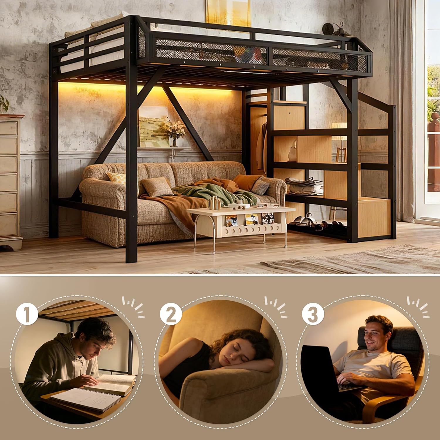 Bellemave Loft Bed Full Size with Storage Stairs, Beside Shelf & Wardrobe, Metal Full Size Loft Bed with USB Ports & LED Light, Large Under-Bed Space Loft Beds for Adults, Teens, Kids, Black Natural