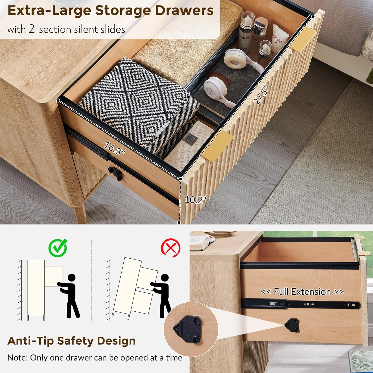 T4TREAM 2 Drawer File Cabinet, 31.8" Fluted Lateral File Cabinet w/Files Hanging Rod for Letter/Legal/A4, Large Tabletop for Printer, Office Wood Printer Cabinets, Natrual Oak