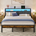 King Size Platform Bed Frame with LED Lights, Grey Upholstered Headboard with 2-Tier Storage Shelves, Charging Station, Noise Free, No Box Spring Needed, Easy Assemably