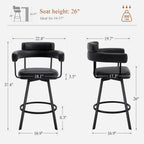 26'' Swivel Counter Height Stools with Round Back, Faux Leather Upholstered Bar Stools with Metal Legs, Armrest, Modern Counter Stools for Kitchen Island, Dining Room (Black, Set of 2)