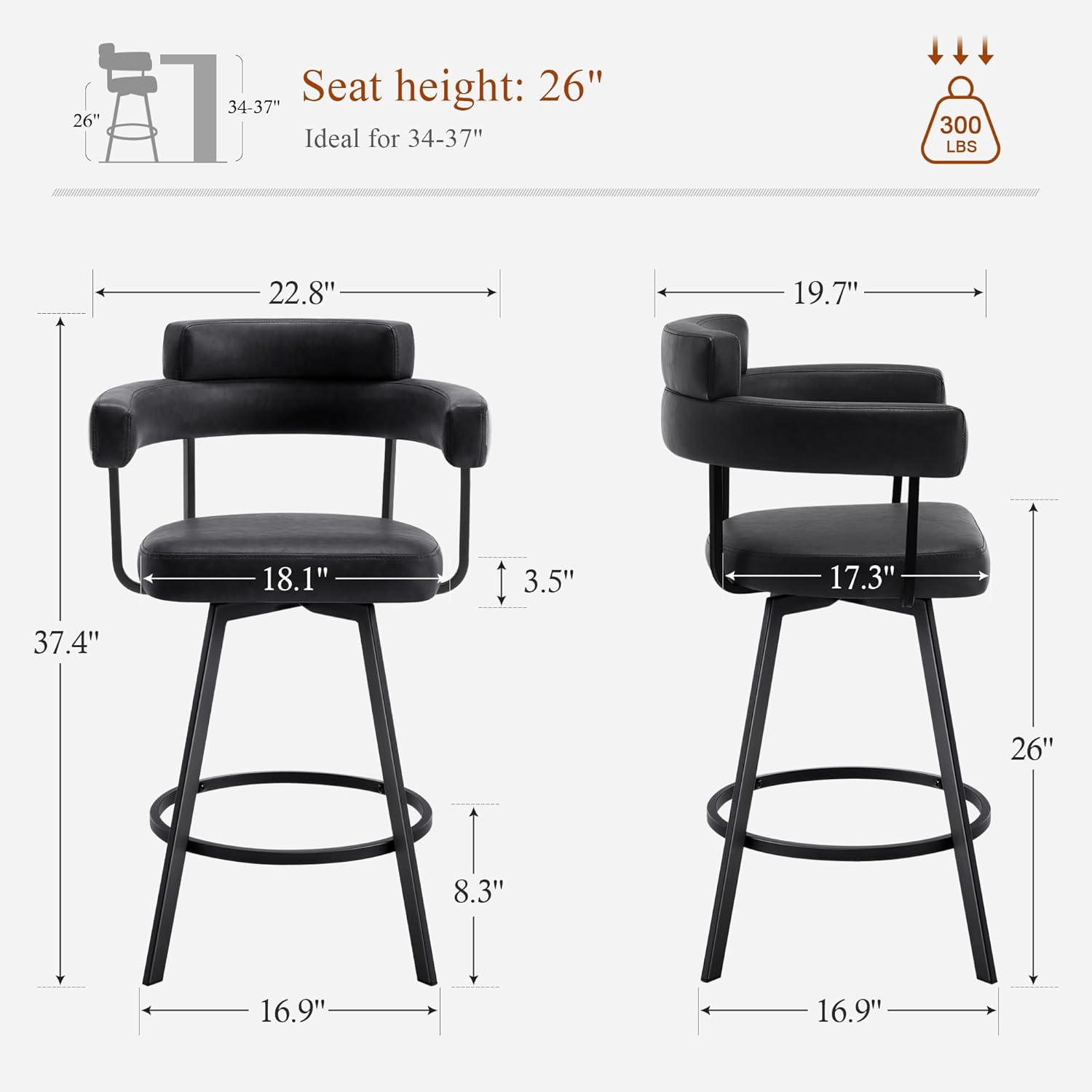 26'' Swivel Counter Height Stools with Round Back, Faux Leather Upholstered Bar Stools with Metal Legs, Armrest, Modern Counter Stools for Kitchen Island, Dining Room (Black, Set of 2)