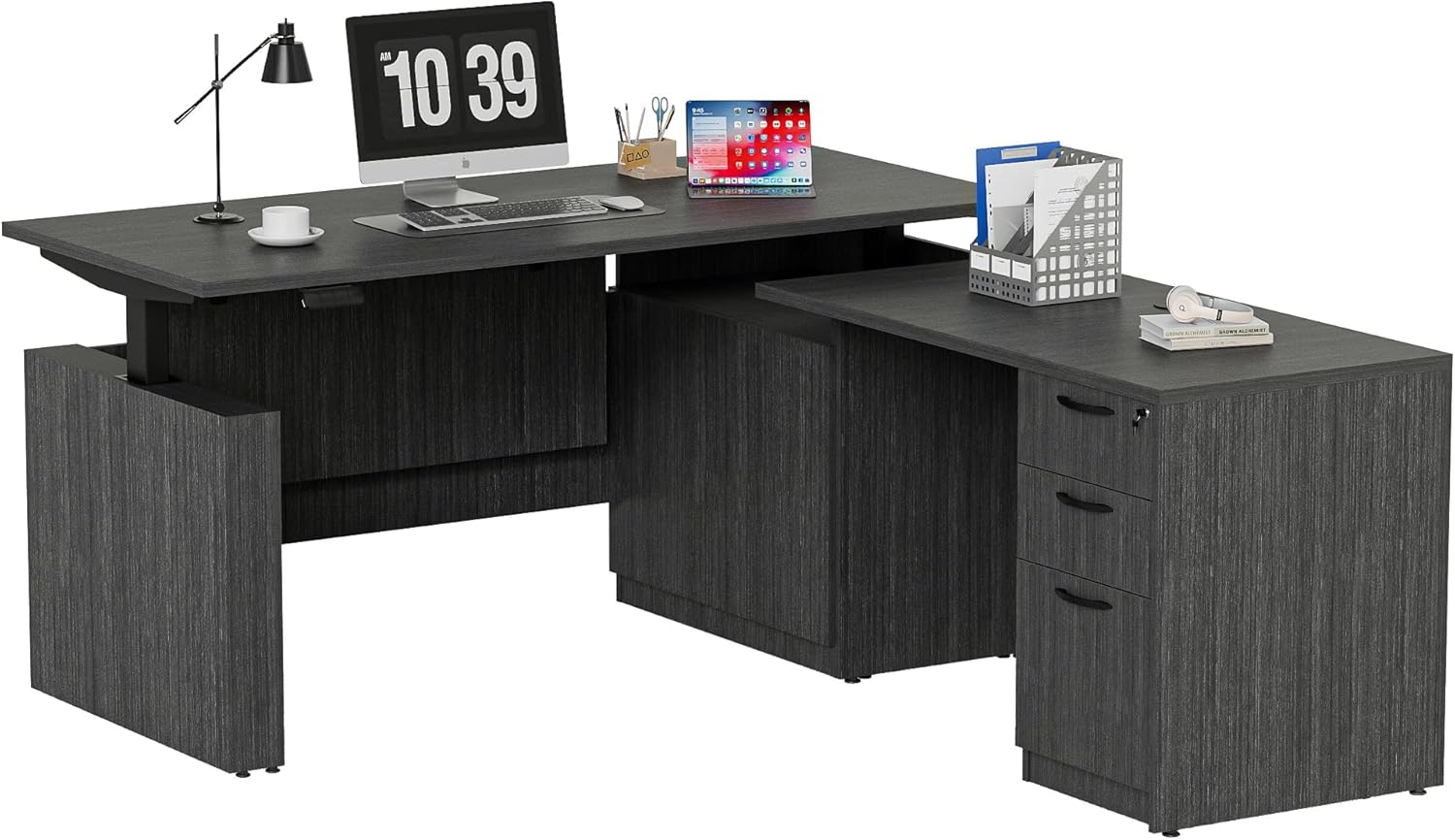 66.93" L Shaped Executive Standing Desk with Pre-Assembled Frame & Lockable Cabinets, Fixed Right-Facing Design, Dual-Motor Height Adjustable Sit-to-Stand Desk for Corporate & Home Office