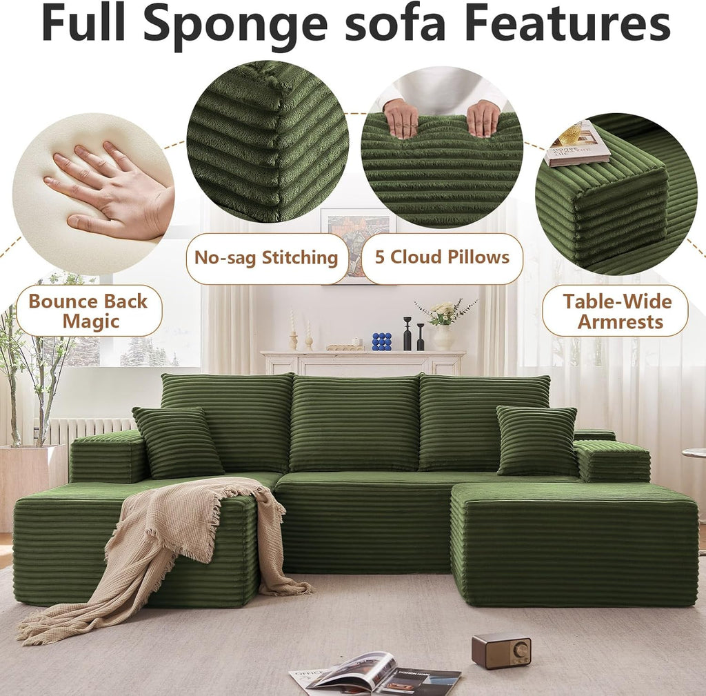 107" Modular Sectional Sofa with Ottoman, Modern Corduroy Cloud Couch with Deep Seat, Boneless Couch Upholstered 3-Seater U-Shaped Sofa for Living Room, No Assembly (Green, Left-Facing Chaise)