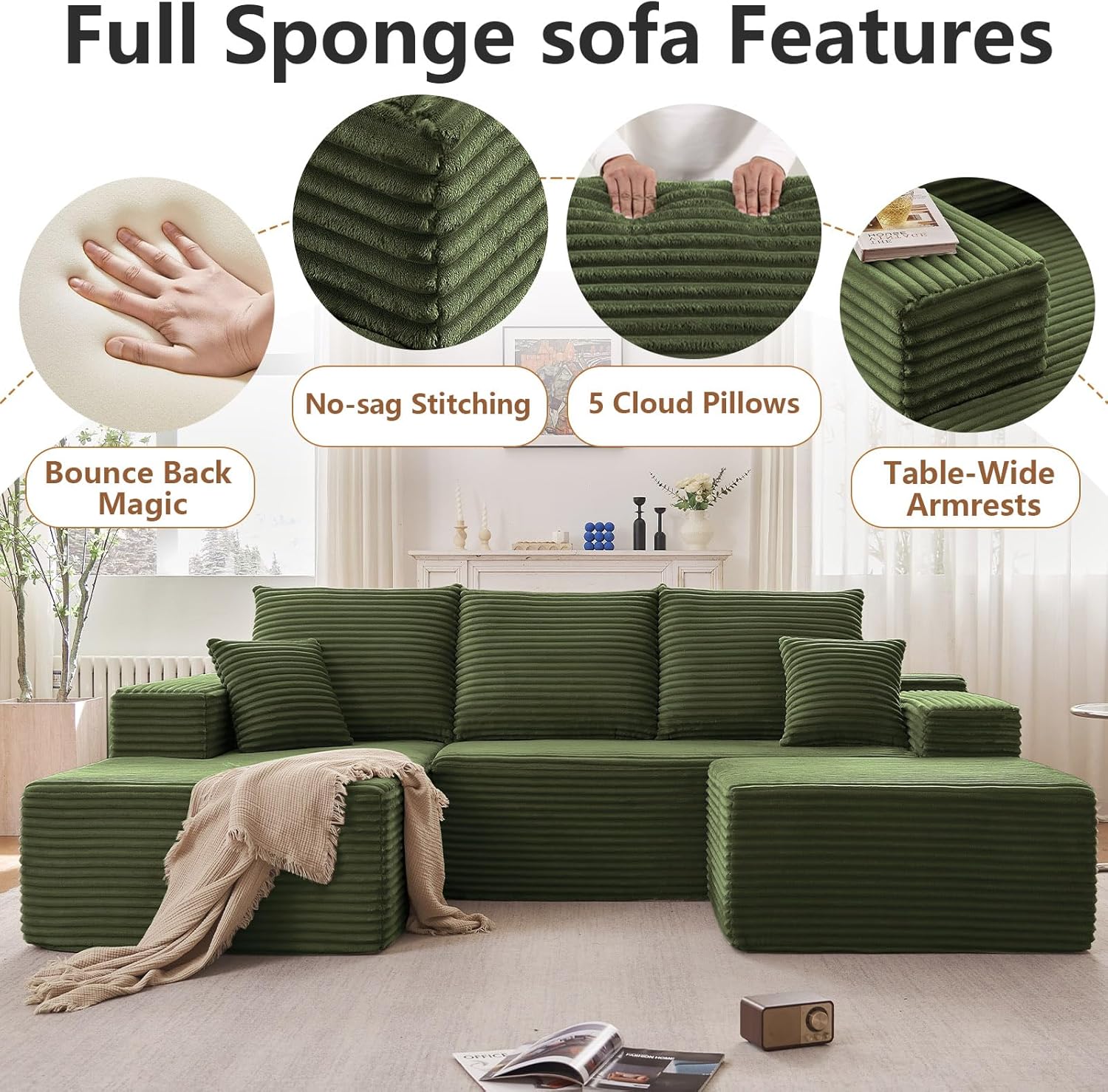 107" Modular Sectional Sofa with Ottoman, Modern Corduroy Cloud Couch with Deep Seat, Boneless Couch Upholstered 3-Seater U-Shaped Sofa for Living Room, No Assembly (Green, Left-Facing Chaise)