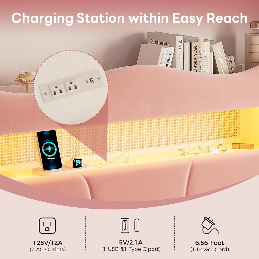 LIKIMIO Full Upholstered LED Bed Frame with 2 Storage Drawers and Bookcase Storage Headboard, Velvet Princess Platform Bed with Charging Station, Heavy Duty Metal Support, No Box Spring Needed, Pink