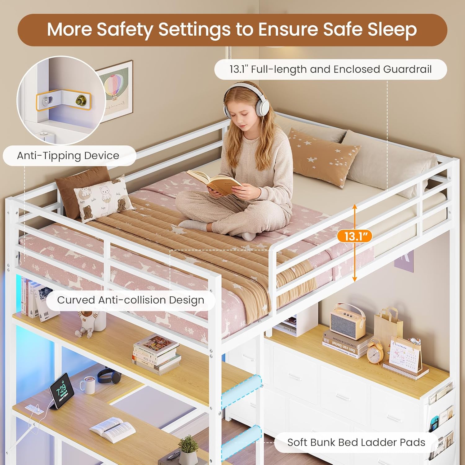 DICTAC Loft Bed Full Size with U-Shaped Desk,7 Storage Drawers and Charging Station,Metal Full Loft Bed with Led Lights and 2-tier Storage Shelves,loft full bed with Safety Guardrail and Ladders,White