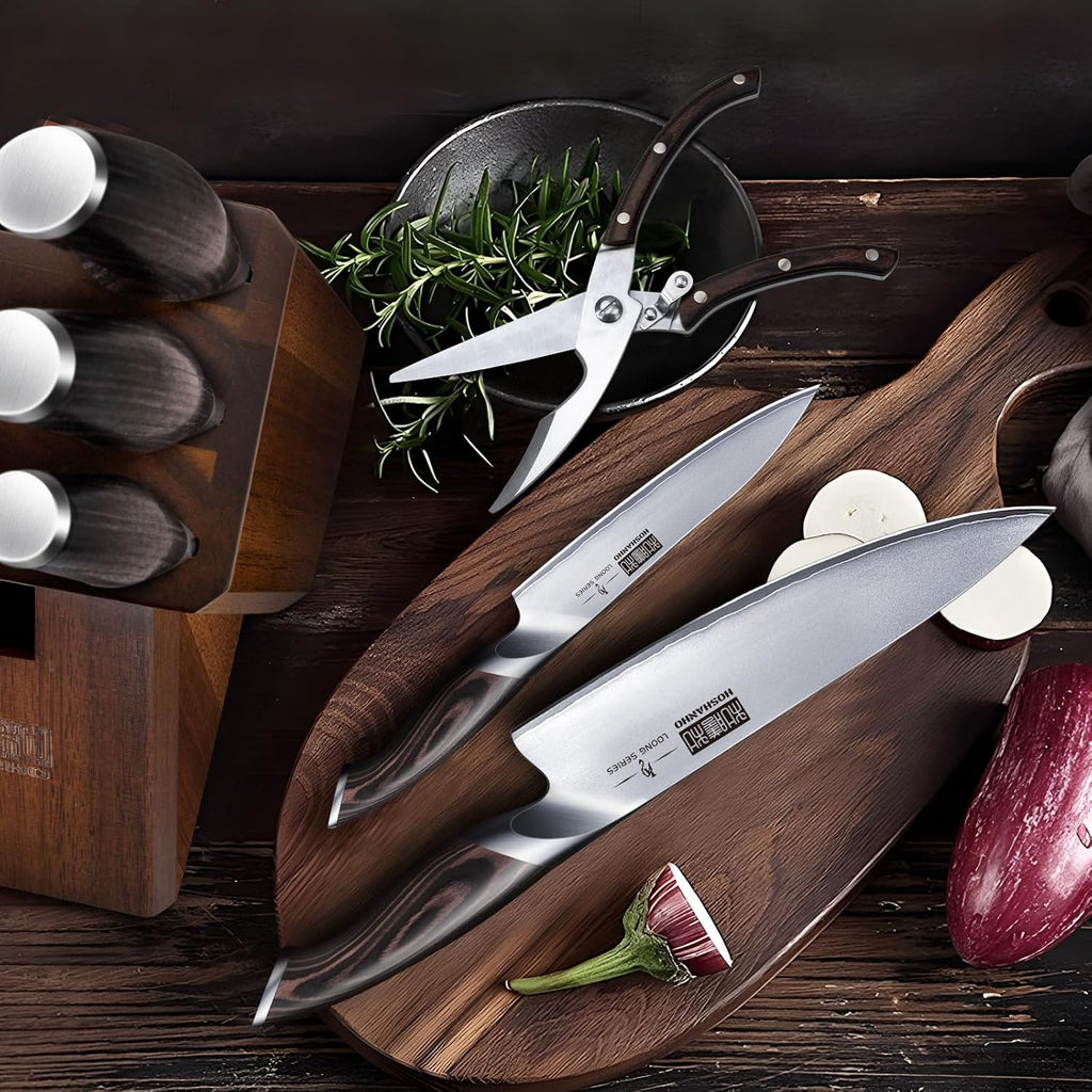 HOSHANHO 8-Piece Kitchen Knife Set, Japanese High Carbon Super Steel Knife Sets with Block, Professional Ultra Sharp Chef Knife Set with Scissors