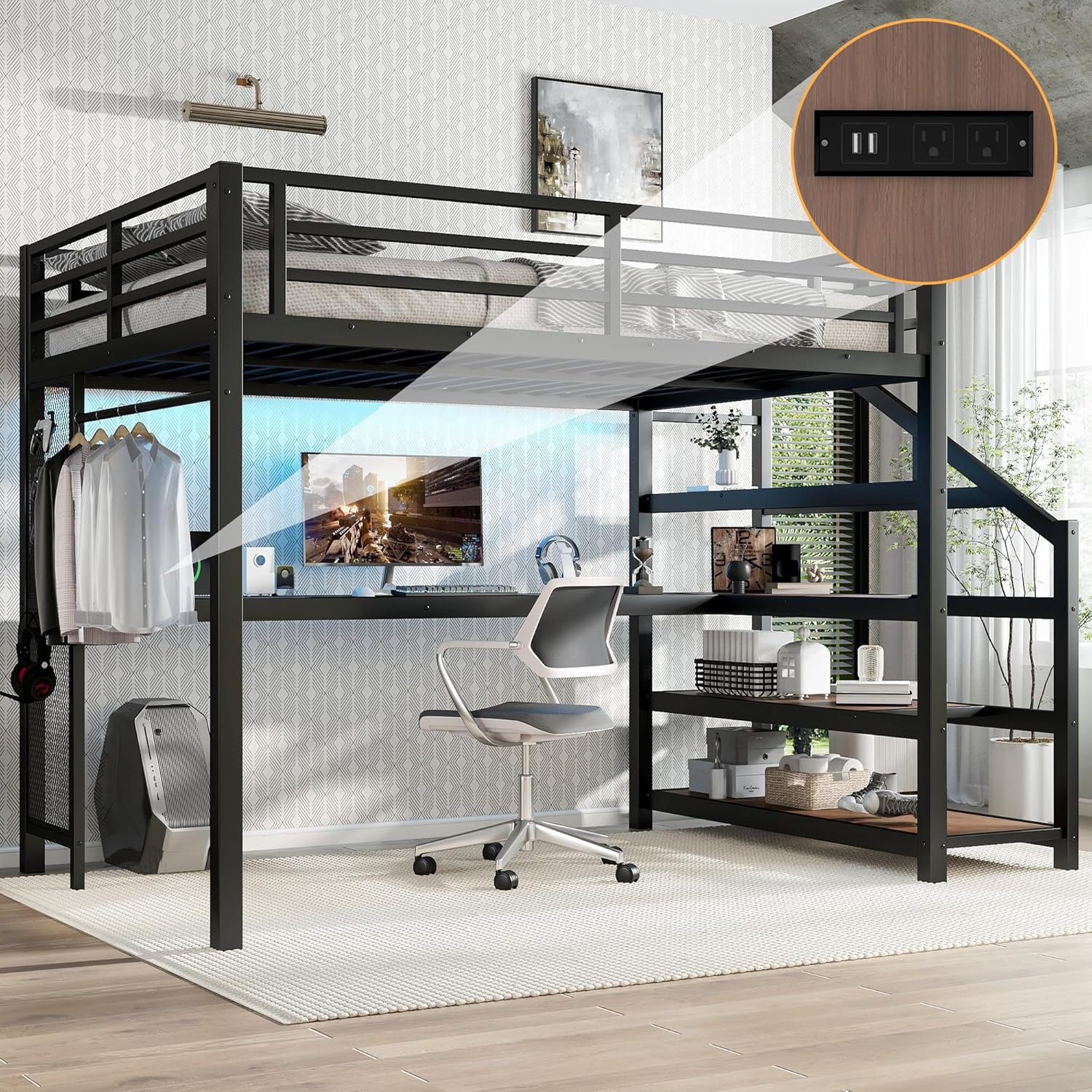 Bellemave Metal Full Size Loft Bed with Desk and Storage Stairs,Heavy Duty Loft Bed Frame Full Size with LED Lights and Charging Station for Kids,Teens,Adults,Black