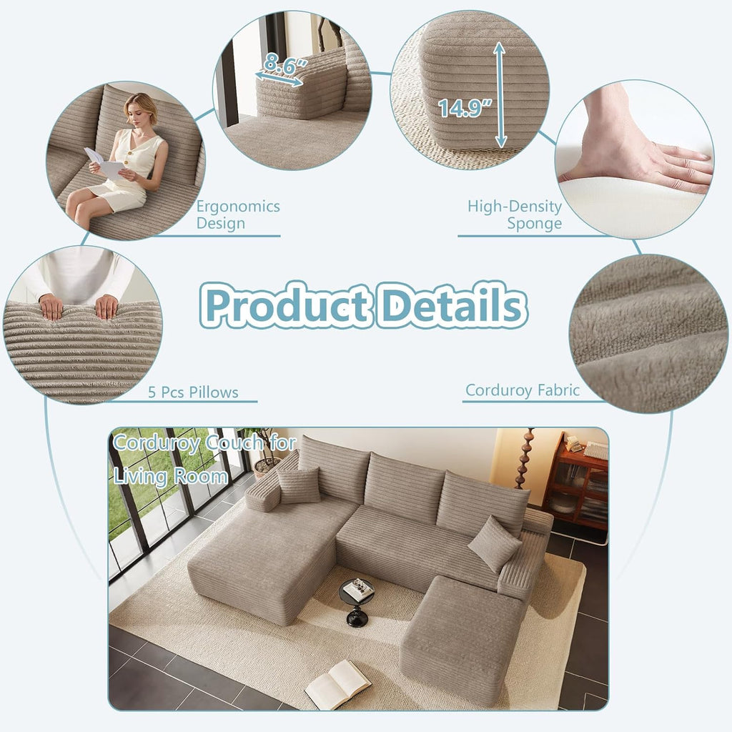 95" Cloud Sectional Couch with Ottoman,Modern U-Shaped Cloud Couch with Deep Seat,Comfy Corduroy 3-Seater Sofa,Memory Foam Sofa for Living Room,No Assembly (Camel,Left-Facing Chaise)