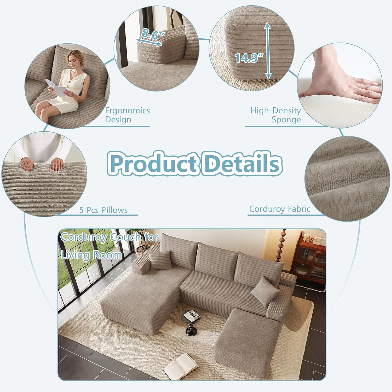 95" Cloud Sectional Couch with Ottoman,Modern U-Shaped Cloud Couch with Deep Seat,Comfy Corduroy 3-Seater Sofa,Memory Foam Sofa for Living Room,No Assembly (Camel,Left-Facing Chaise)