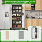 71" H Metal Storage Cabinet with Wheels and Pegboard, Lockable Steel Garage Storage Cabinet with 5 Adjustable Shelves and Door for Garage, Office, Kitchen, Assembly Required（Grey and White）