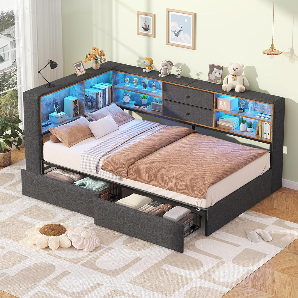 Twin Corner Bed Frame with Storage Bookcase and 4 Drawers, Upholstered Daybed Twin Size with Charging Station & LED Lights, L-Shape Twin Size Bed Frames Metal Platform Bed for Kids Teenagers, Oak Grey