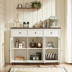 Joaxswe Farmhouse Sideboard Buffet Cabinet with Storage,48" Large Credenza with 3 Glass Doors & 3 Drawers,Adjustable Shelves Console Table,Wood Kitchen Coffee Bar for Dining Room,Living Room,White