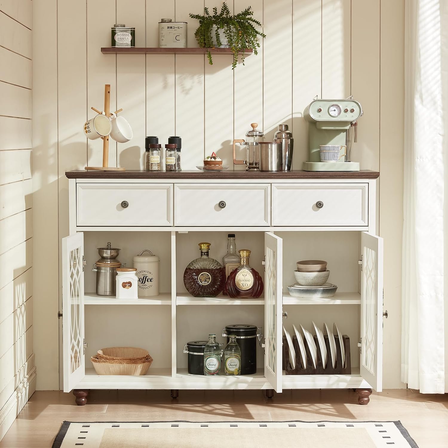 Joaxswe Farmhouse Sideboard Buffet Cabinet with Storage,48" Large Credenza with 3 Glass Doors & 3 Drawers,Adjustable Shelves Console Table,Wood Kitchen Coffee Bar for Dining Room,Living Room,White