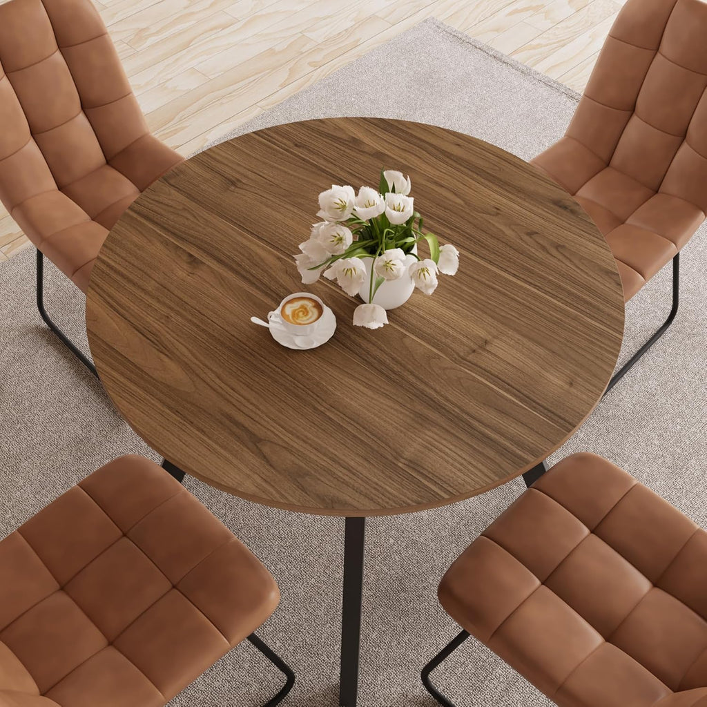 34.6'' Round Dining Table and Chairs for 4 Space Saving for Apartment Kitchen Dining Room (Walnut Table+4 U-Shaped Brown Chairs)