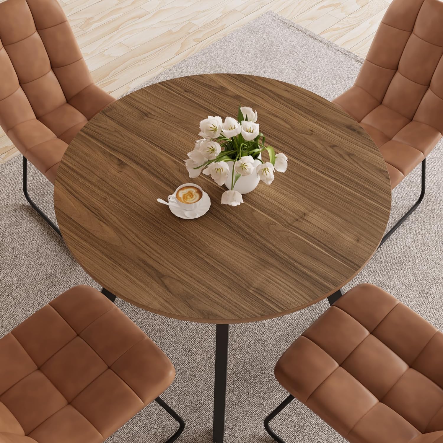 34.6'' Round Dining Table and Chairs for 4 Space Saving for Apartment Kitchen Dining Room (Walnut Table+4 U-Shaped Brown Chairs)