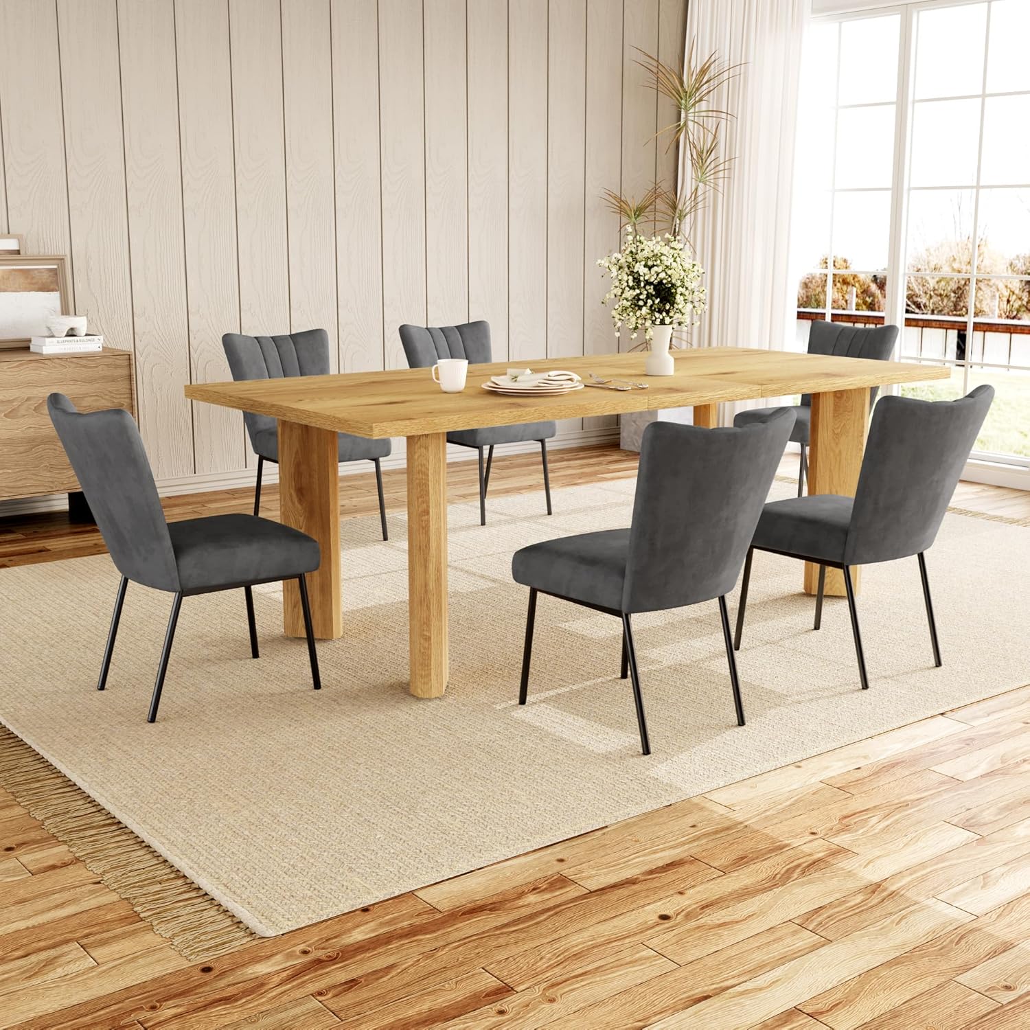 Extendable Dining Table for 6-8 People, 63 to 78.7 Inch Rectangular MDF Table, Farmhouse Rustic Style, Space-Saving Design for Dining Room, Kitchen, Meeting