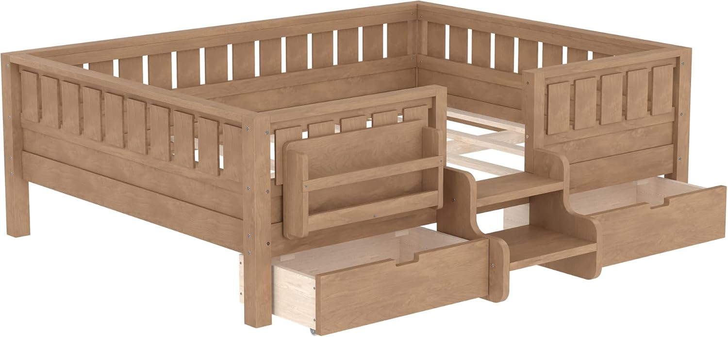 Bellemave Full Size Bed with Slats and Stairs, Full Size Platform Bed Frame with Fence, Bookshelf and Storage Drawers, Easy Assemble Beds for Kids, Girls, Boys, Natural