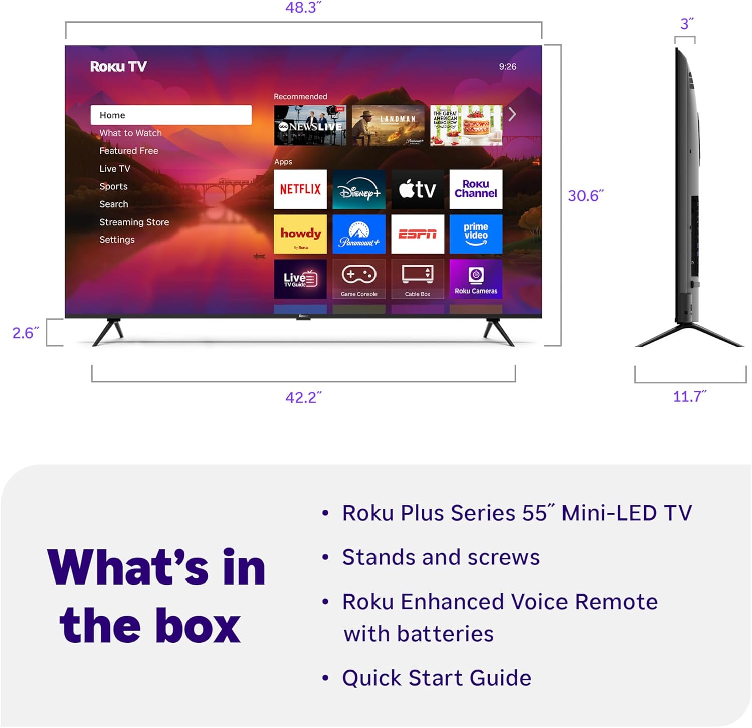 Roku Smart TV – 55-Inch Plus Series  Mini-LED TV – RokuTV with Enhanced Voice Remote – Flat Screen 4K QLED Television with Dolby Vision & Wi-Fi for Streaming Live Local News  Sports
