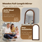 Antok Floor Mirror, Wood Full Length Mirror Wooden Full Body Mirror with Stand, Hanging Mounted for Living Room Cloakroom, 71"×32", Walnut, Arched Style