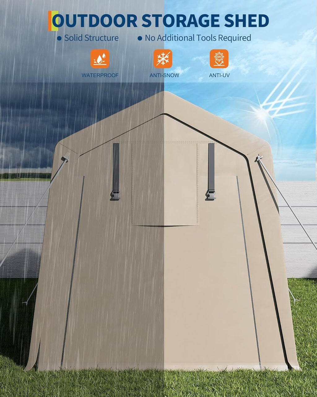 6x8 FT Portable Outdoor Storage Shelter Shed with Roll-Up Zippered Door, Heavy-Duty Waterproof and UV-Resistant Carport Tent, Suitable for Storing Motorcycles, Bicycles, Lawn Mower, Tools Khaki