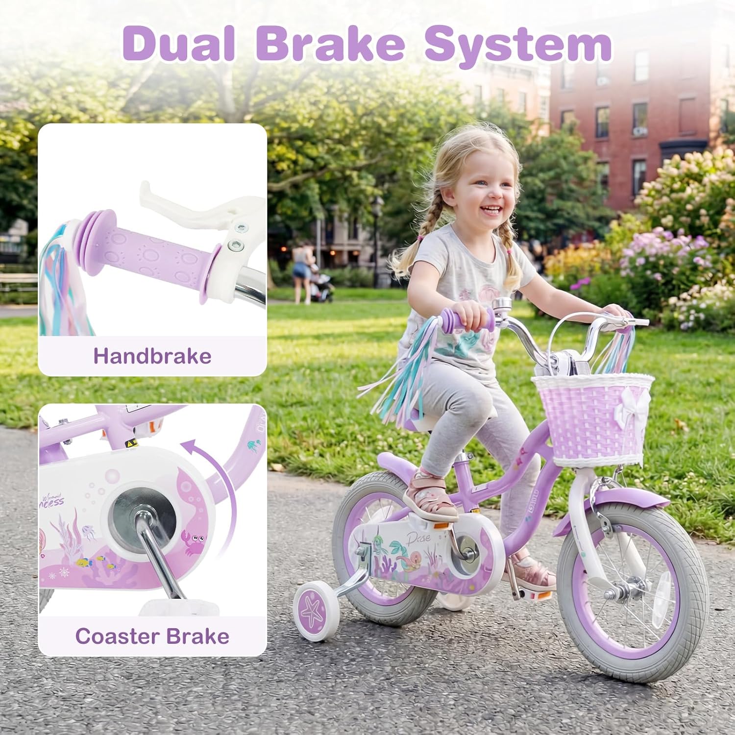 Olakids Kids Bike, 12 14 16 18 20 Inch Mermaid Theme Girls Bicycle with Training Wheels Basket Adjustable Seat and Handlebar Dual Brake