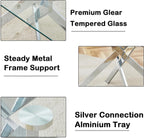 Modern Dining Table for 6 People, 60" Rectangle Dining Room Table with Silver Chrome Metal X-Base, Rectangular Tempered Glass Dining Table, Kitchen Dining Room Tables Luxury Dinner Table