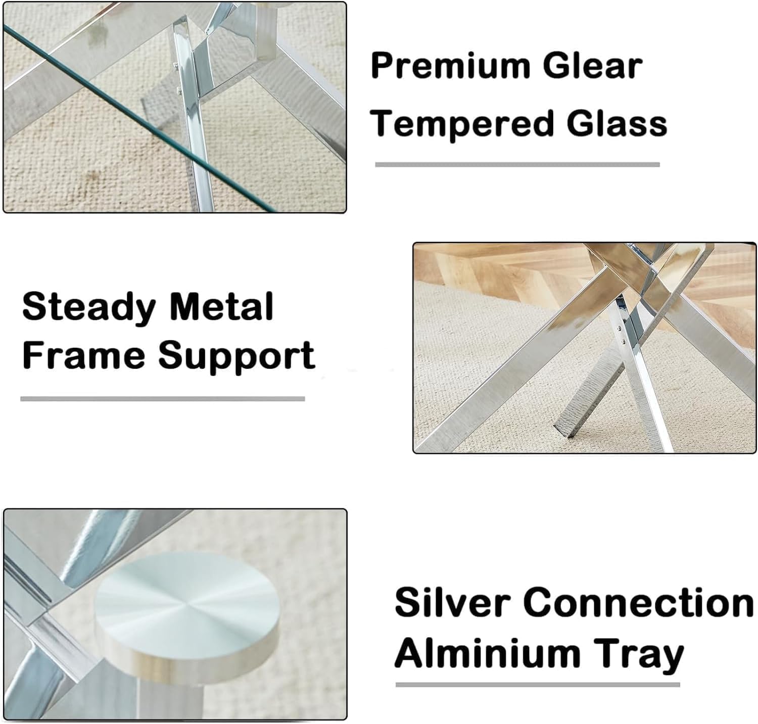 Modern Dining Table for 6 People, 60" Rectangle Dining Room Table with Silver Chrome Metal X-Base, Rectangular Tempered Glass Dining Table, Kitchen Dining Room Tables Luxury Dinner Table