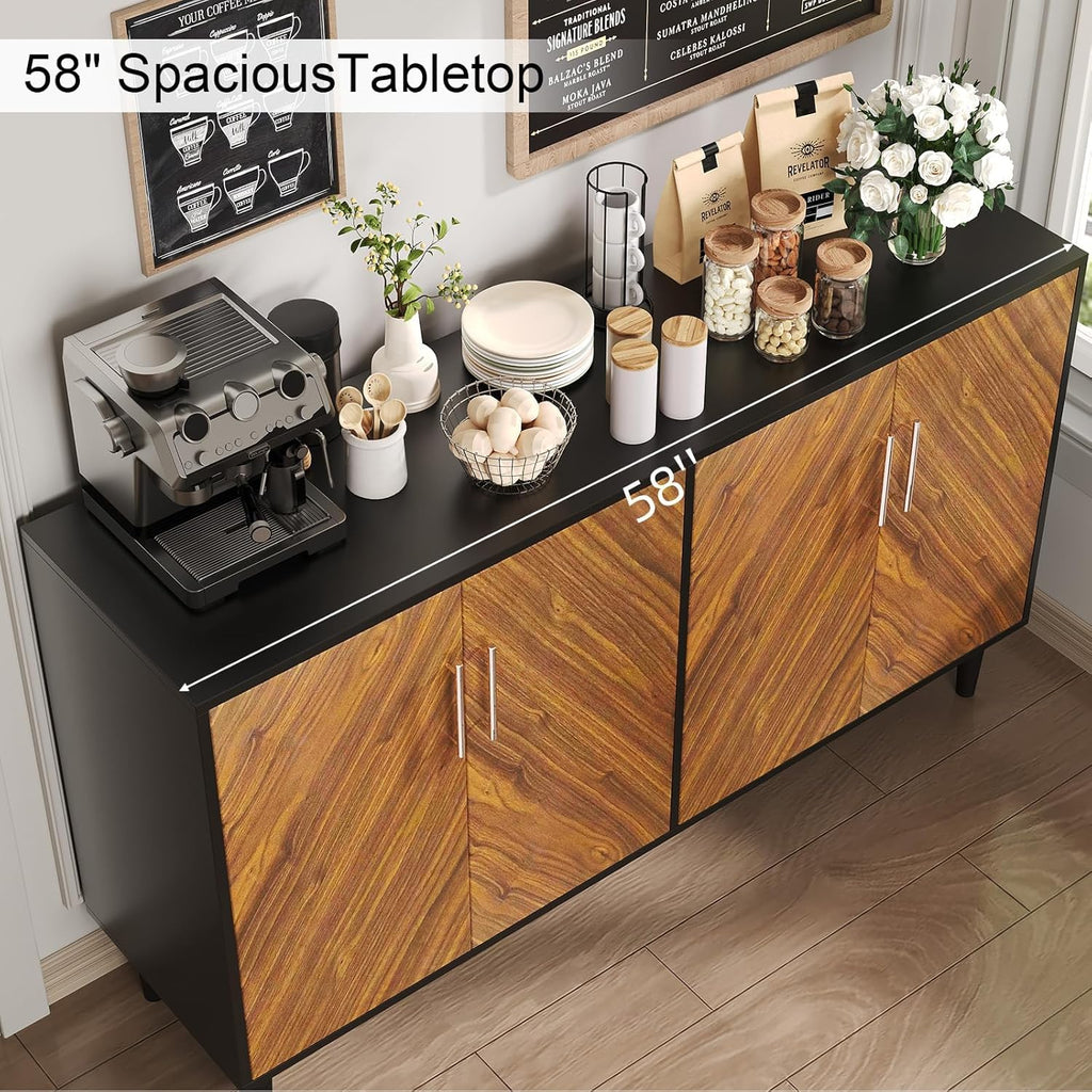 4 EVER WINNER 58" Buffet Cabinet with Storage, Coffee Bar Cabinet with 4 Large Doors, Storage Cabinet with Adjustable Shelves for Living Room, Kitchen, Black