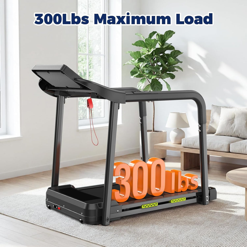 Treadmill for Senior at Home, Walking Jogging Running Pad Treadmill for Elderly, with Long Handrails, Heart Rate Monitor, Wide Running Belt, 2.5 HP, 300 LBS Capacity, PAD Stand & Cup Holder