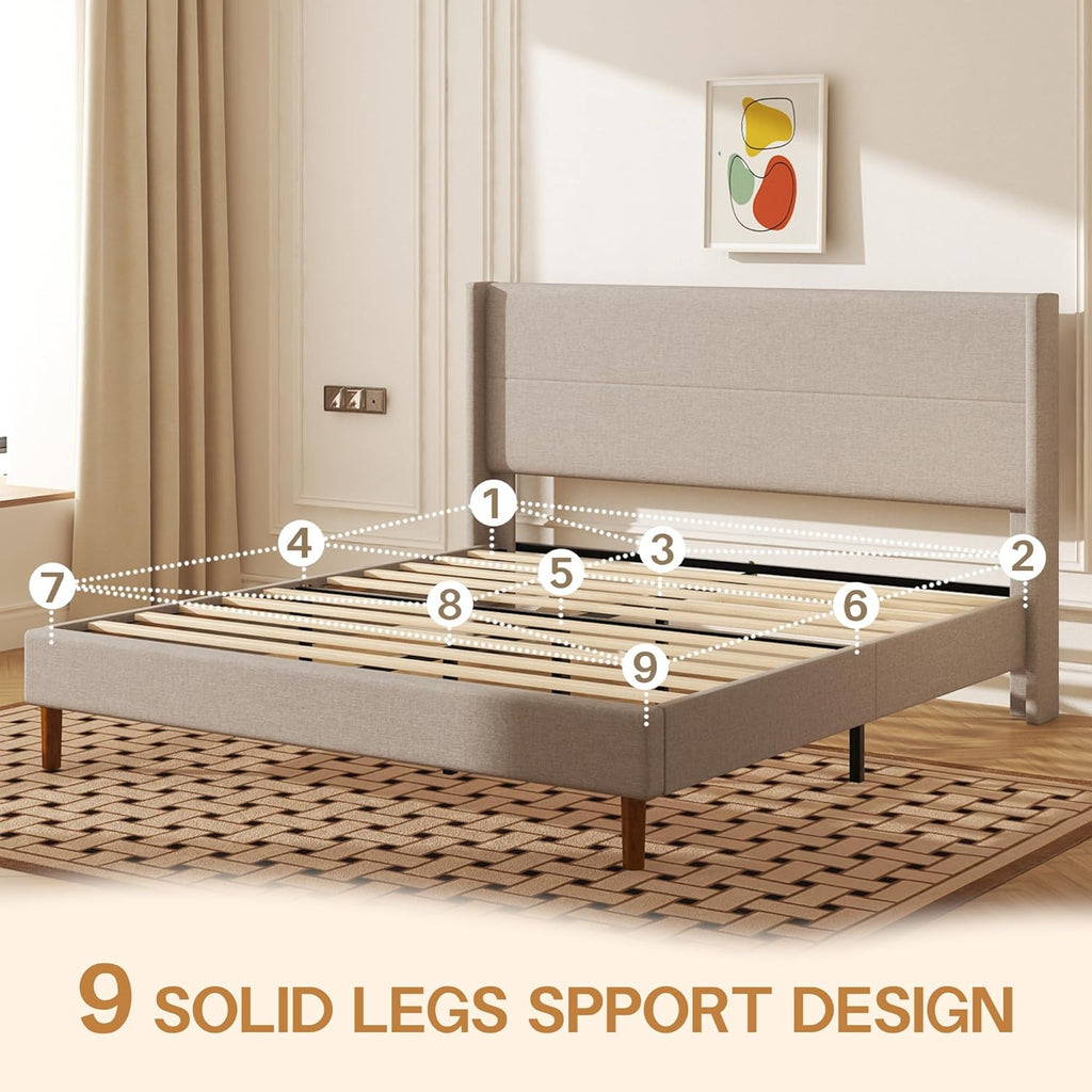 King Size Bed Frame, Linen Upholstered Platform with Wingback Headboard, Wooden Slats Support, No Box Spring Needed, Easy Assembly, Beige