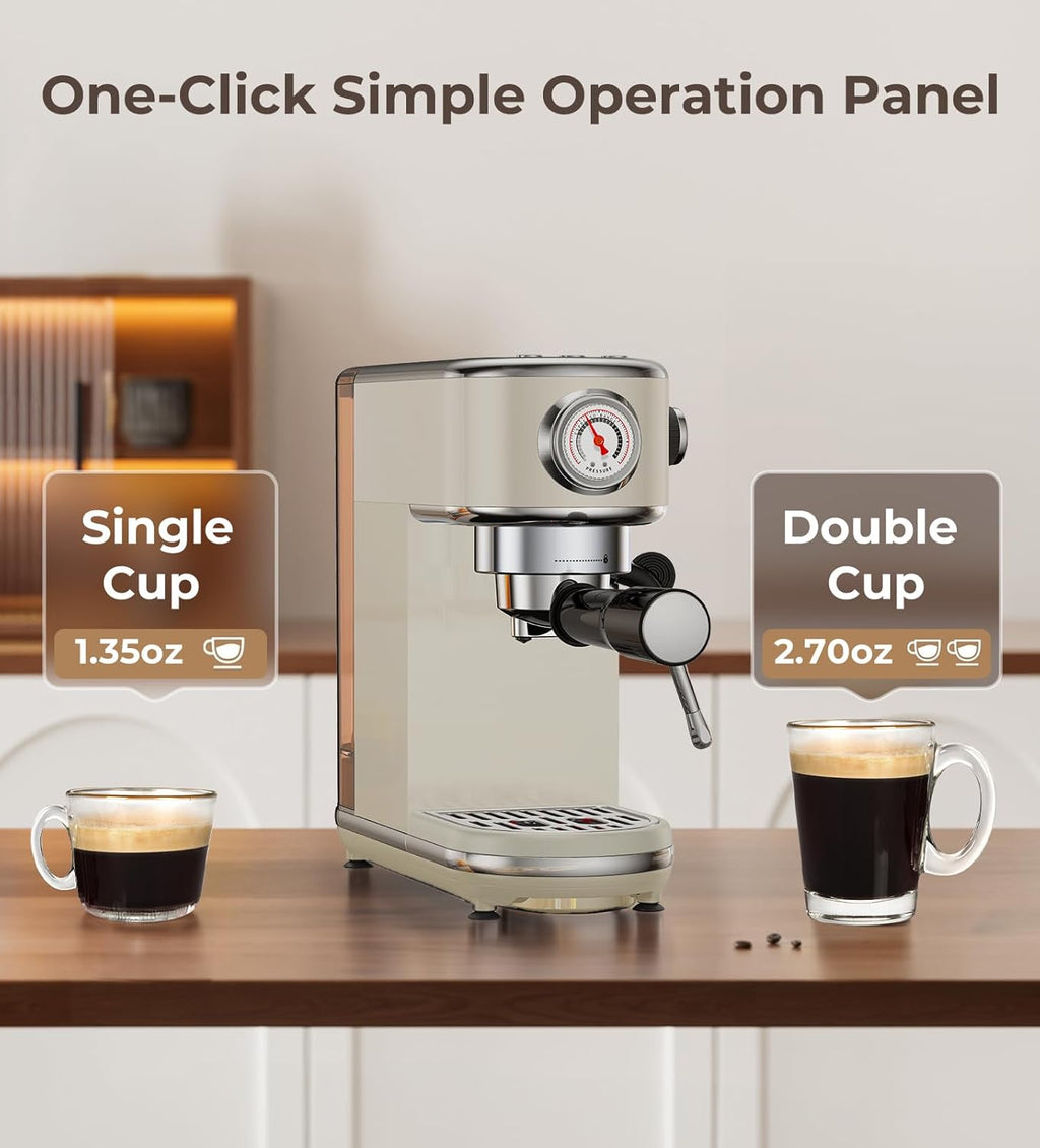 20 Bar Espresso Machine with Milk Frother, Compact Espresso Maker, Stainless Steel Coffee Machine with Precise Temp Control & 44oz Removable Water Tank for Latte, Cappuccino, Light Grey