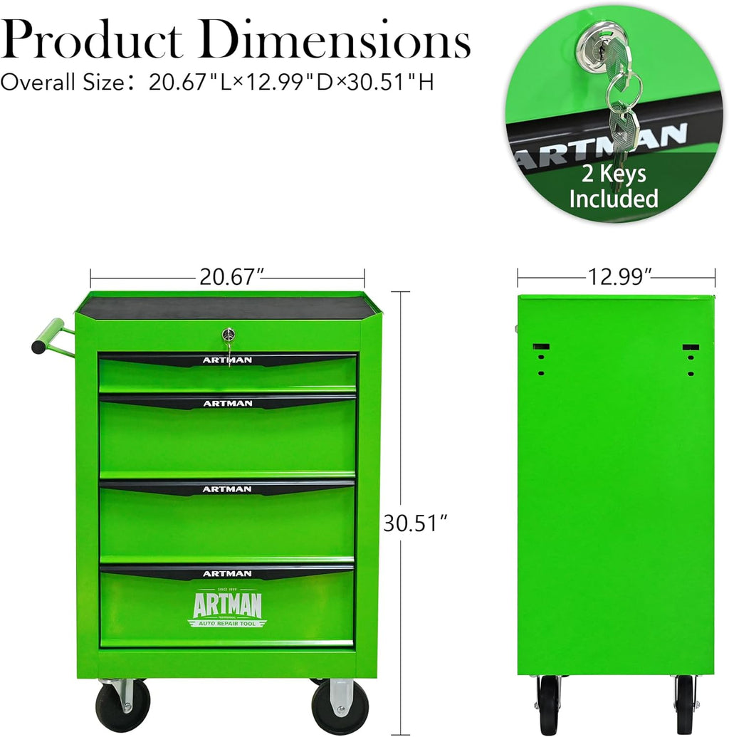 Rolling Metal Tool Chest with 4 Drawers, 20" 4-Drawer Tool Chest Cabinet with Ball Bearing Drawer Slides, Steel Tool Storage Box Organizer -Green