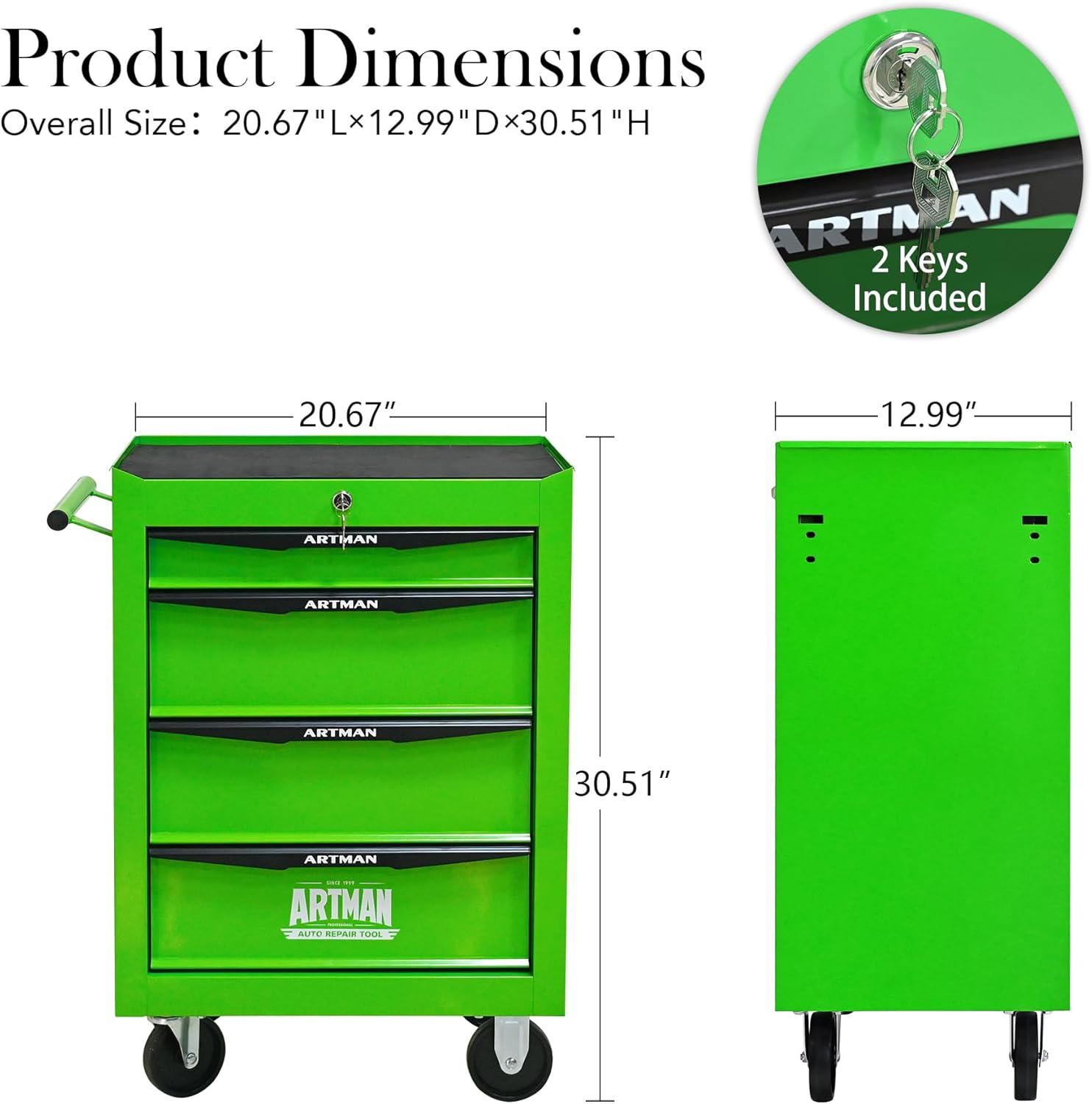 Rolling Metal Tool Chest with 4 Drawers, 20" 4-Drawer Tool Chest Cabinet with Ball Bearing Drawer Slides, Steel Tool Storage Box Organizer -Green