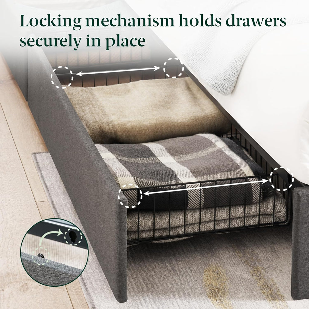 Zinus Billie Platform Bed Frame, Four Underbed Storage Drawers, Height Adjustable Headboard, Upholstered Style, King