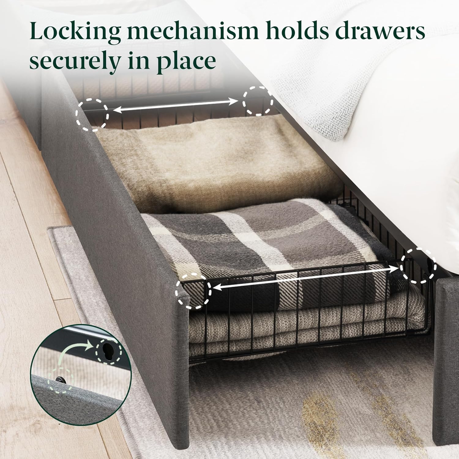 Zinus Billie Platform Bed Frame, Four Underbed Storage Drawers, Height Adjustable Headboard, Upholstered Style, King
