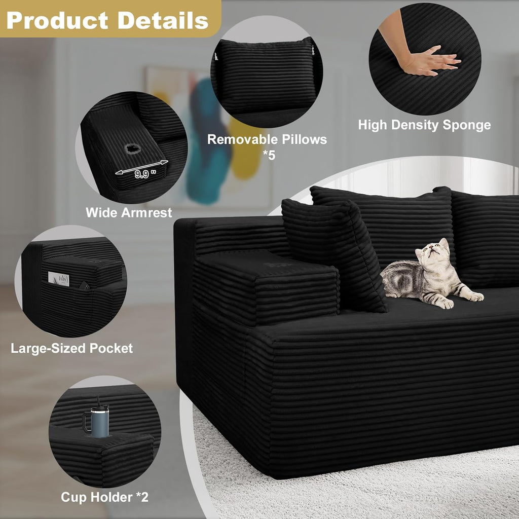 96.8" Boneless Couch Cloud Modular Sectional Sofa with L Shaped Chaise, Modern Corduroy Upholstered Deep Seat Couches Lounge with 5 Pillows for Living Room Bedroom(Black, Stripe, Right Facing Chaise)