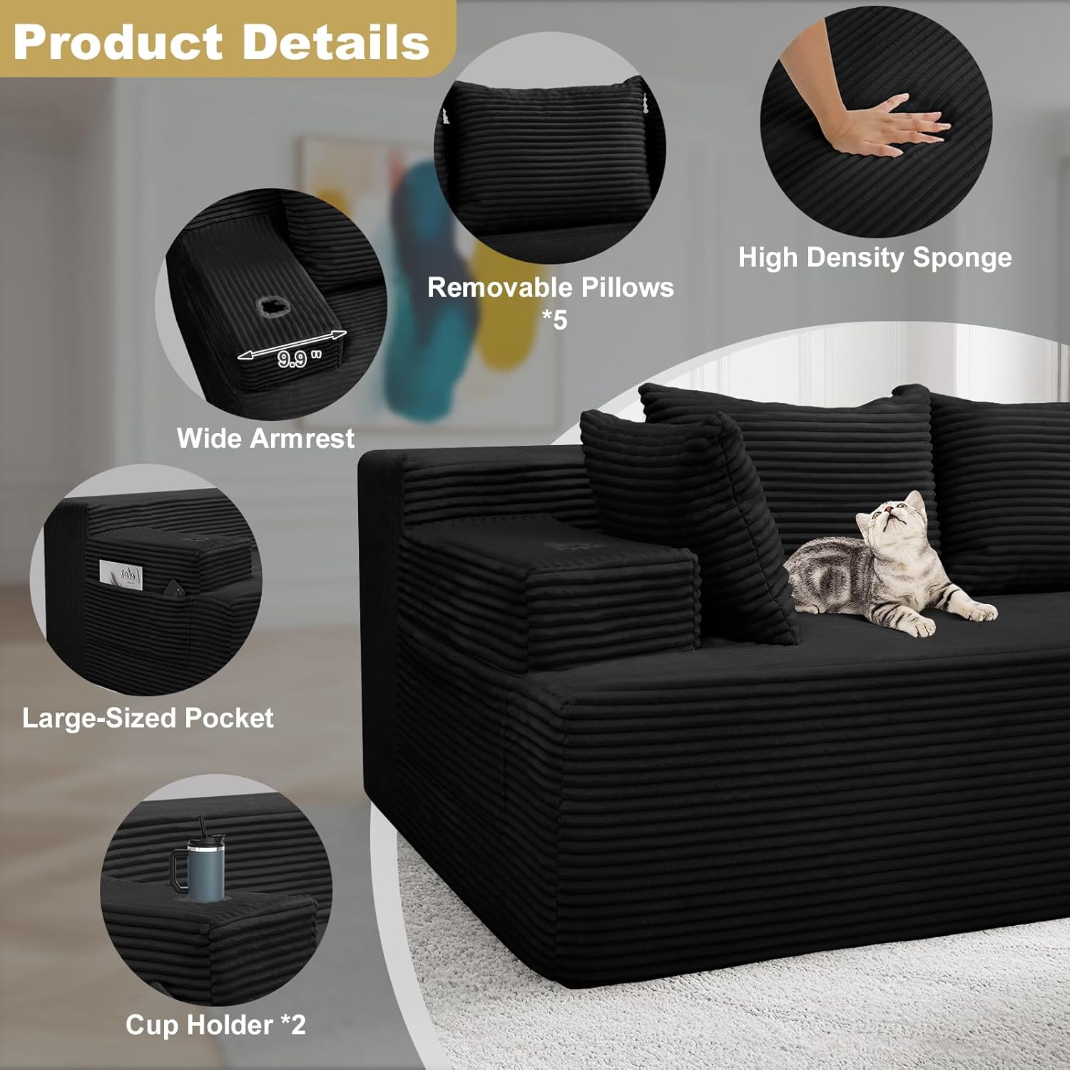 96.8" Boneless Couch Cloud Modular Sectional Sofa with L Shaped Chaise, Modern Corduroy Upholstered Deep Seat Couches Lounge with 5 Pillows for Living Room Bedroom(Black, Stripe, Right Facing Chaise)