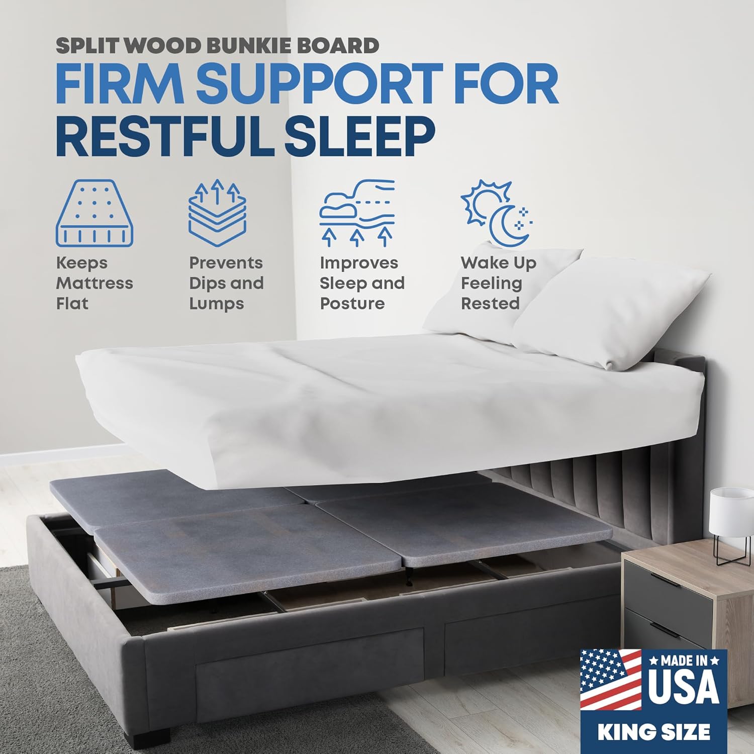 Greaton, Premium 38mm Split Wood Bunkie Board for King Size Bed - 4-Piece Under Mattress Support Board, Fully Assembled, Fabric Ventilation Cover - Replaces Wooden Slats or Box Spring for Bed Frames