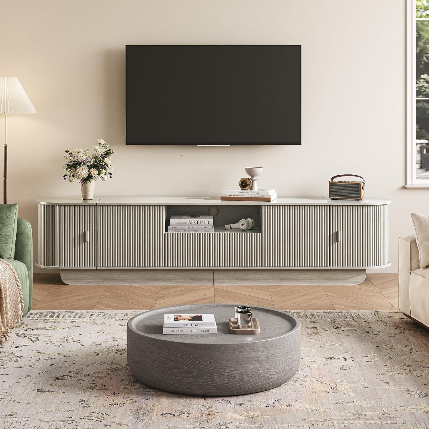 86.61'' Tambour TV Stand for 55-85 Inch, Entertainment Center with Large Storage Cabinet and Sliding Door,Curved Profile Design Media Console with Open Shelves for Living Room, Bedroom, Office, Grey