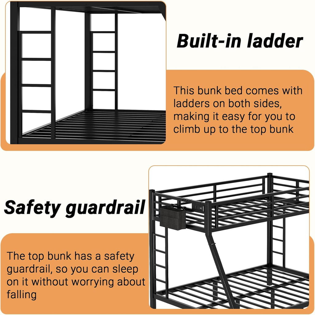 Twin XL Over Queen Bunk Bed, Metal Bunk Bed Frame Heavy Duty Bunk Beds Loft Bed Frame with Ladder and Guardrail Metal Slats No Box Spring Required for Adults Teens, Black