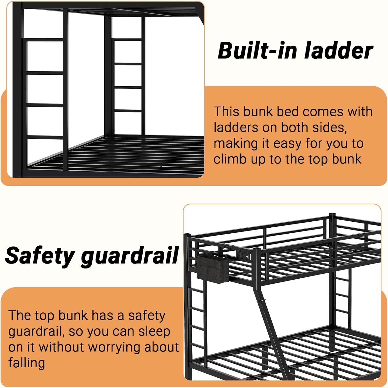 Twin XL Over Queen Bunk Bed, Metal Bunk Bed Frame Heavy Duty Bunk Beds Loft Bed Frame with Ladder and Guardrail Metal Slats No Box Spring Required for Adults Teens, Black