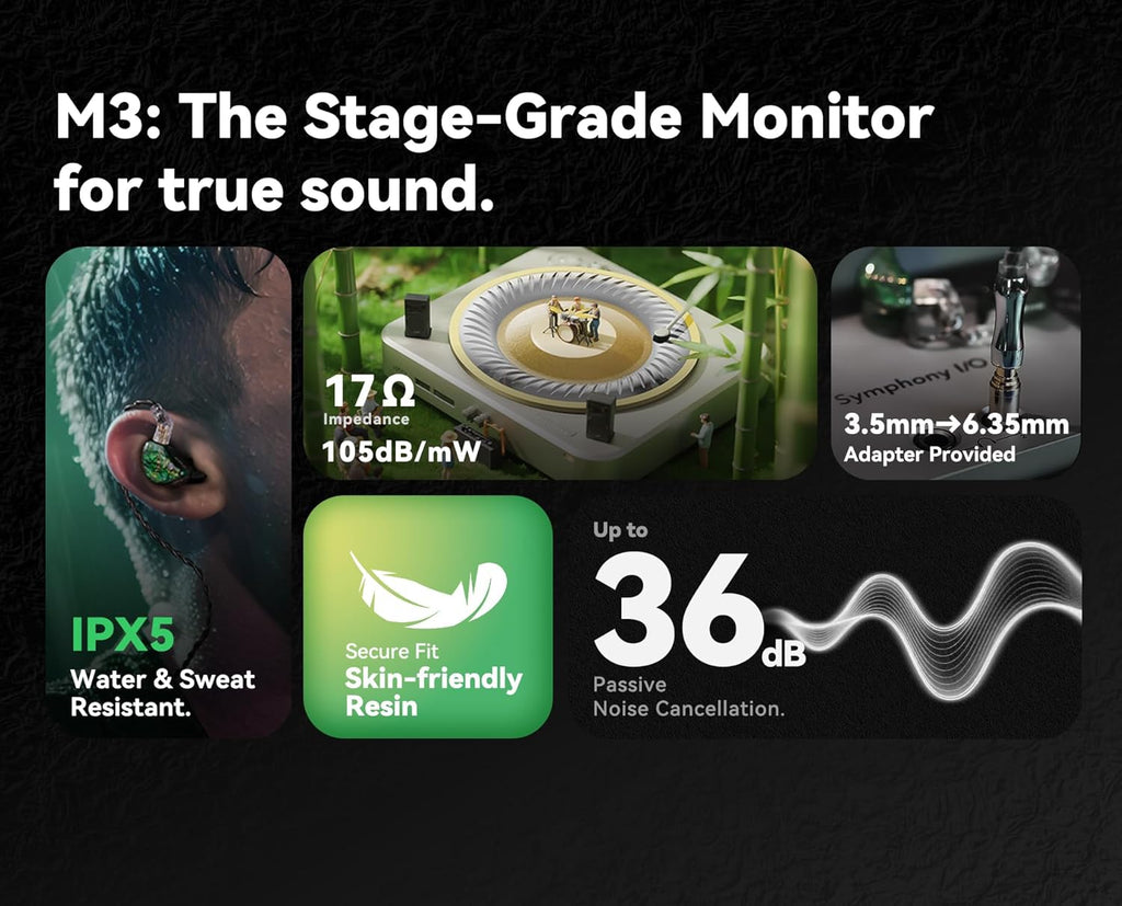 Tipsy M3 Professional IEM for Musicians  2BA + 1DD Drivers  36dB PNC  IPX5  Acoustic-Runway™ Technology  Skin-Friendly Resin  Detachable 0.78mm 2-pin Cable (No Mic  Green)