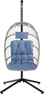 SWITTE Egg Chair Outdoor with Stand, Indoor Wicker Hanging Egg Swing Chair with Cushion, 350lbs Capacity for Patio, Bedroom, Garden - Light Blue