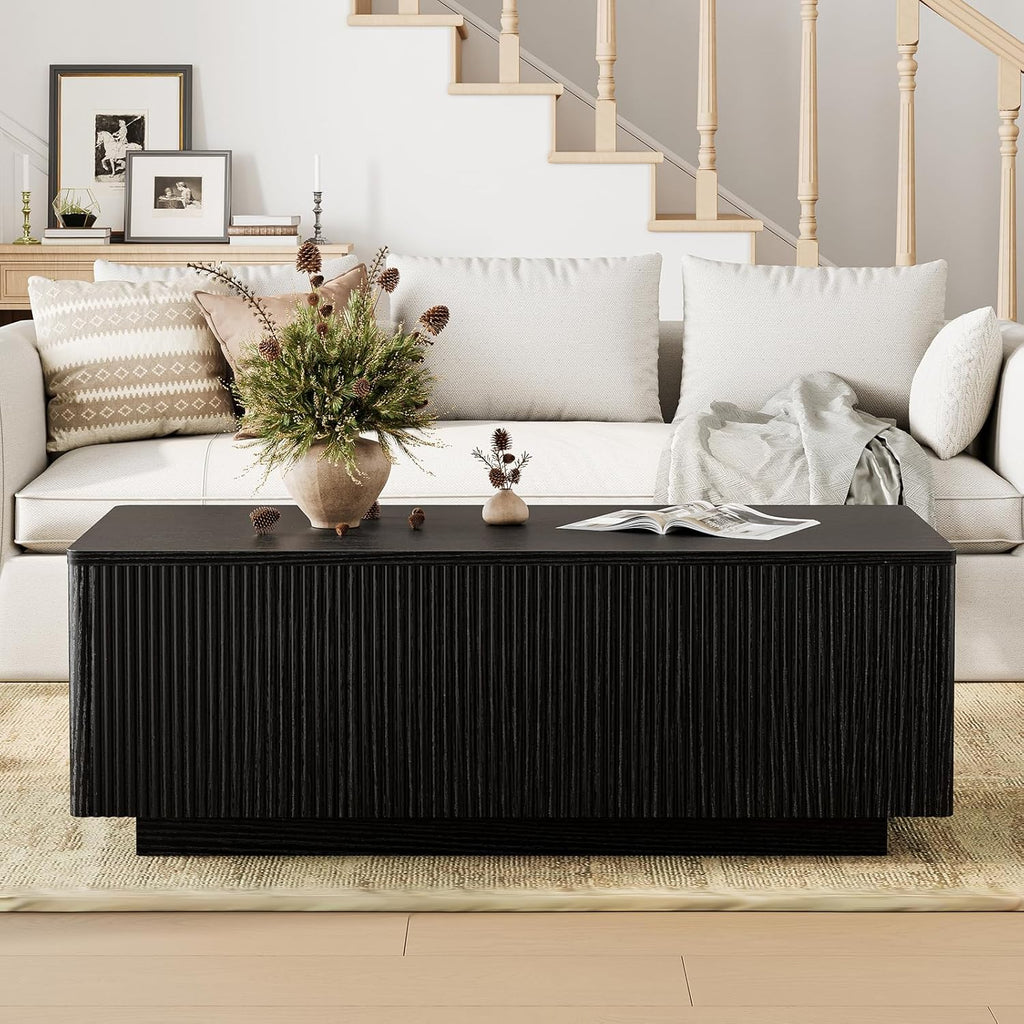 FABATO Mid Century Modern Coffee Table, Wooden Fluted Center Table with Large Hidden Compartment, 41.7” Rectangle with Round Corners, Lift Up Farmhouse Wood Table for Living Room, Home Office, Black