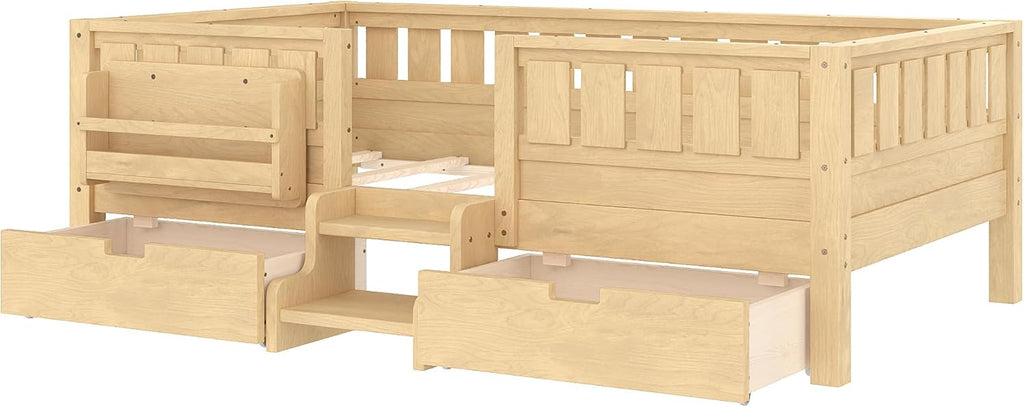 Bellemave Twin Size Bed with Slats and Stairs, Twin Size Platform Bed Frame with Fence, Bookshelf and Storage Drawers, Easy Assemble Beds for Girls, Boys, Light Natural